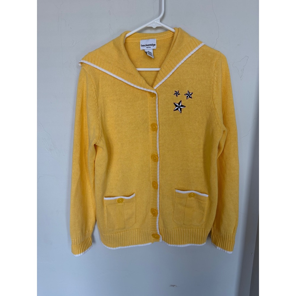Breckenridge Petite Yellow Sailor Collar Cardigan Nautical Sailboat Stars PM